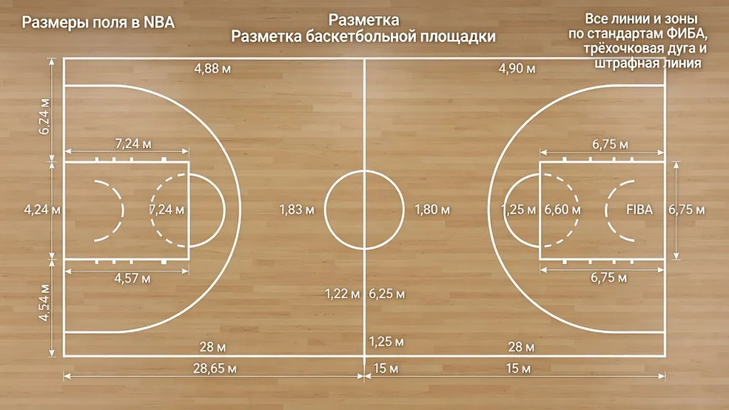 Размеры поля в nba - Разметка баскетбольной площадки - Все линии и зоны по стандартам ФИБА, трёхочковая дуга и штрафная линия